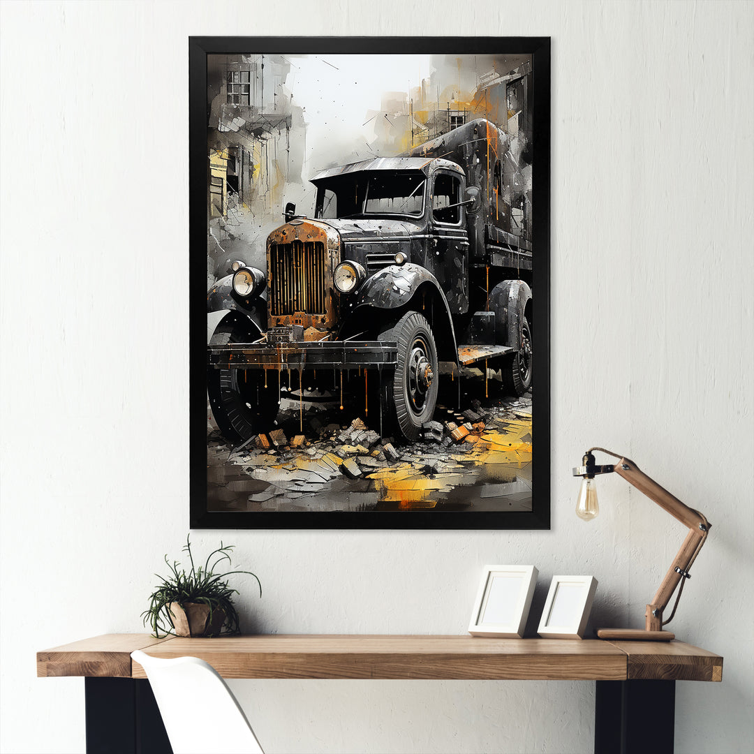Old Black Garbage Truck - Truck Canvas Wall Art