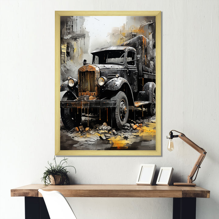 Old Black Garbage Truck - Truck Canvas Wall Art