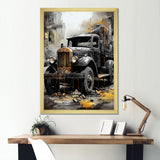 Old Black Garbage Truck - Truck Canvas Wall Art