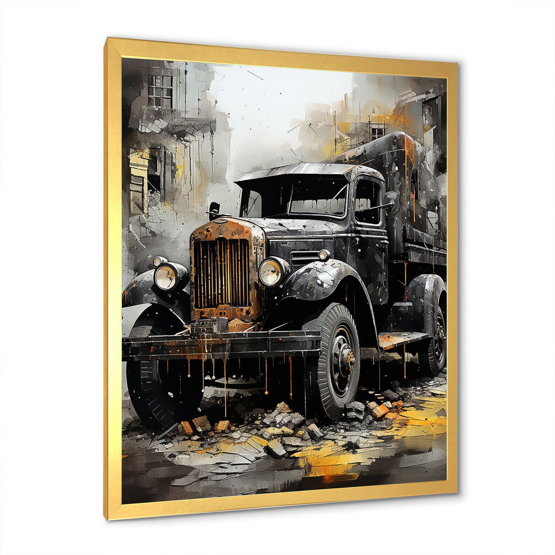 Old Black Garbage Truck - Truck Canvas Wall Art