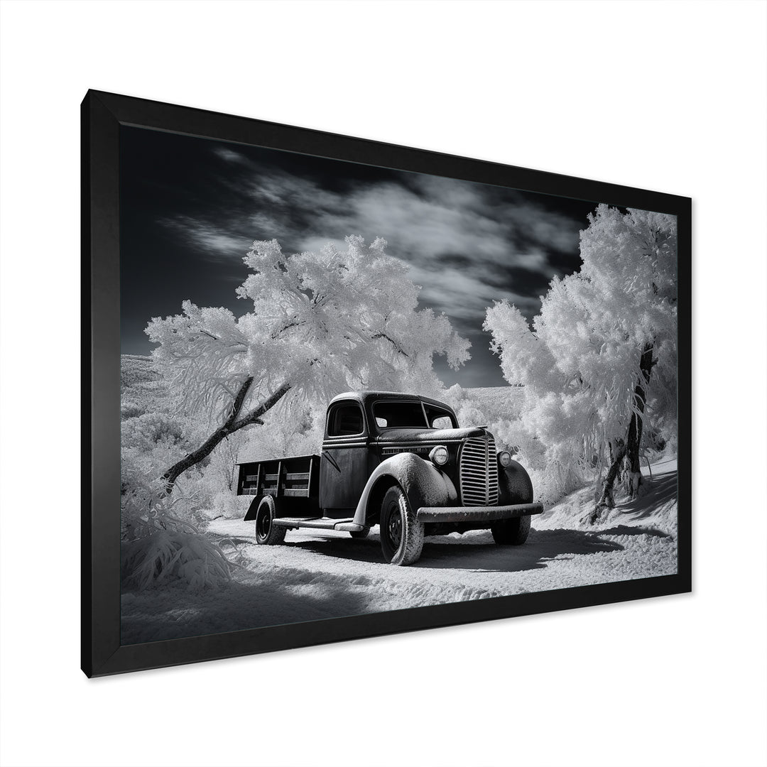 Black And White Truck Charm In Winter photo - Pickup Truck Canvas Wall Art
