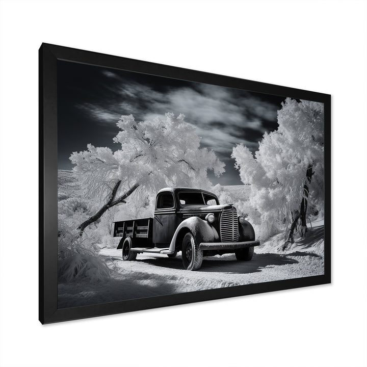 Black And White Truck Charm In Winter photo - Pickup Truck Canvas Wall Art