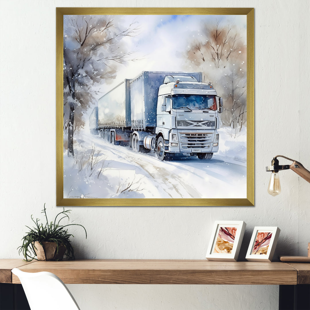 Truck Trailer Charm In Winter - Truck Trailer Canvas Wall Art