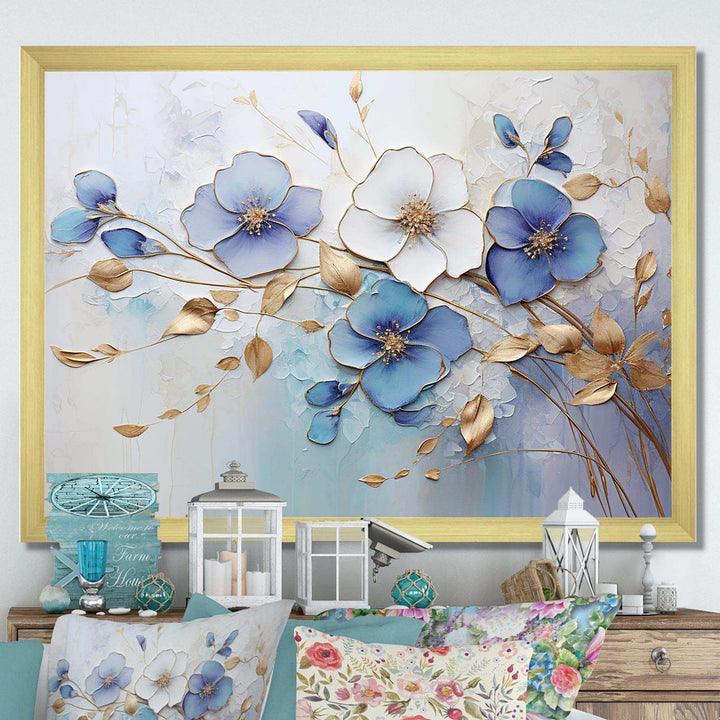 Blue And Gold Exquisit Violets - Floral Canvas Wall Art