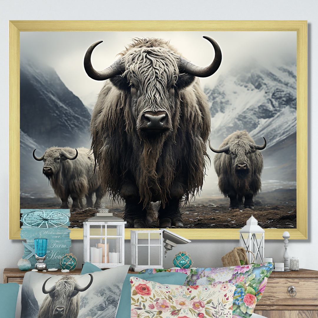Monochrome Yaks Grazing Scene - Yaks Canvas Wall Art