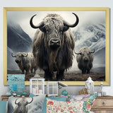 Monochrome Yaks Grazing Scene - Yaks Canvas Wall Art