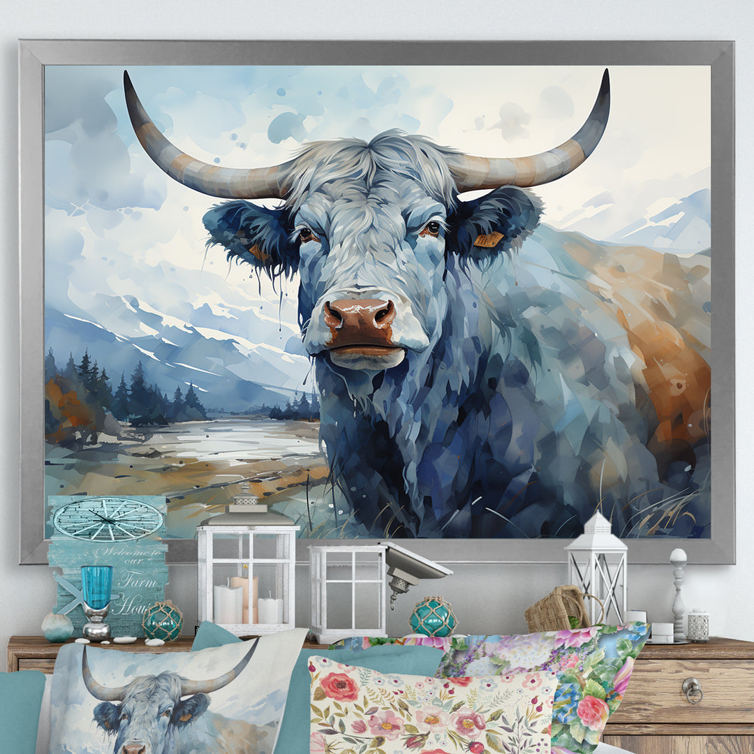 blue and grey yak painting - Yaks Wall Art Prints