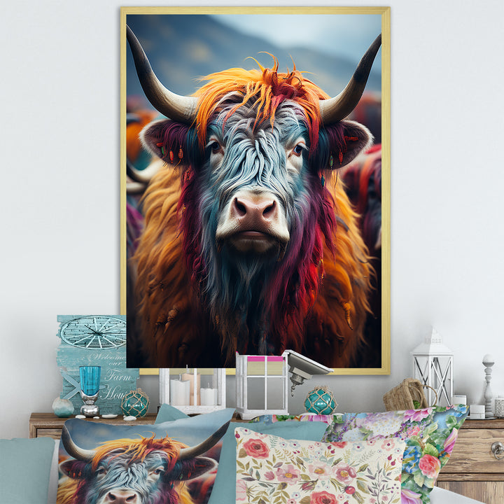 Colorful fur yak portrait - Yaks Large Canvas Wall Art