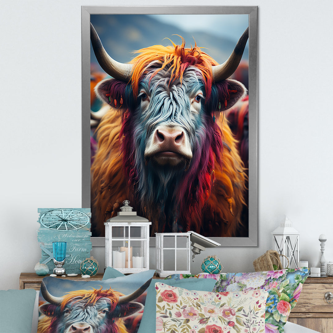 Colorful fur yak portrait - Yaks Large Canvas Wall Art