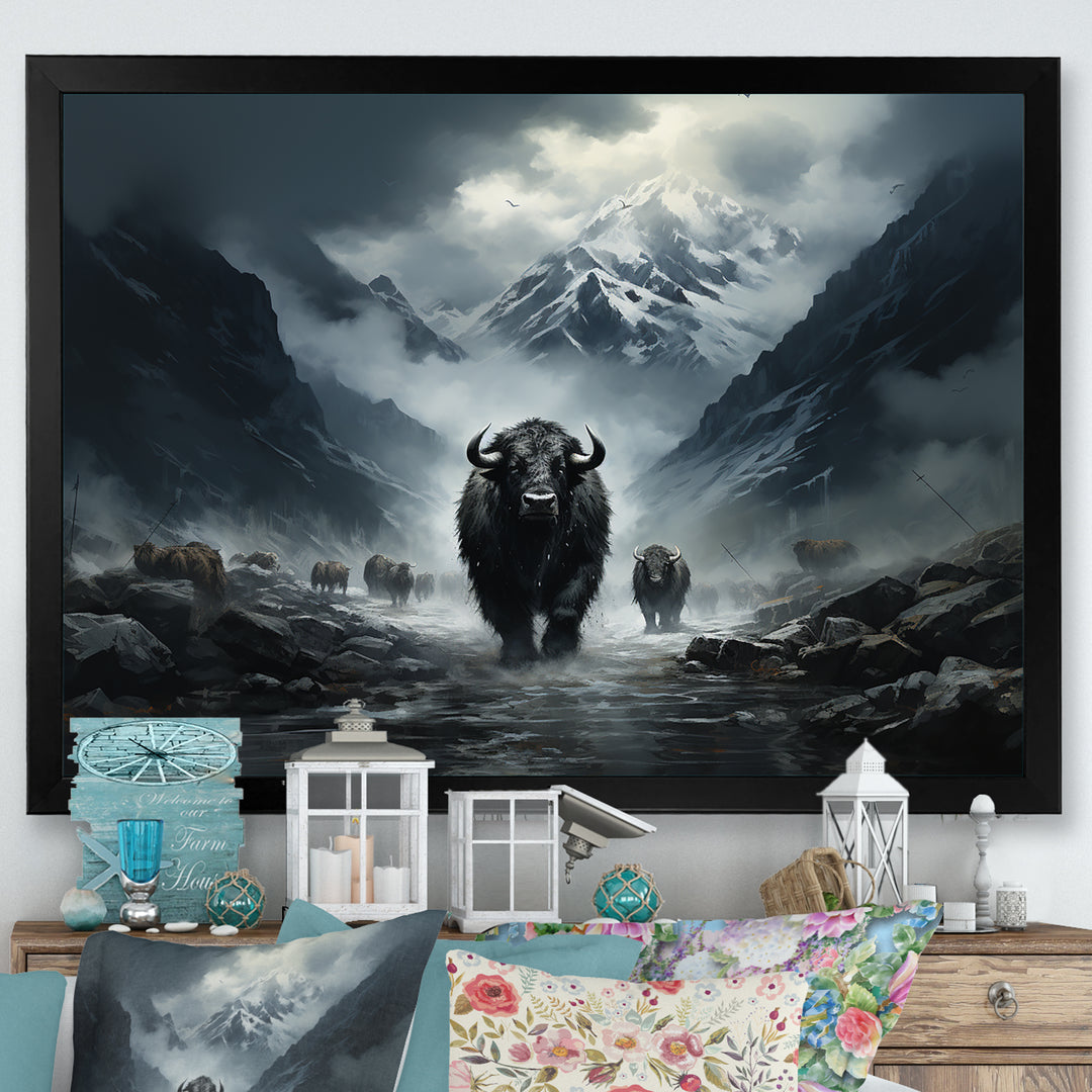 minimalism black Yaks panorama - Black Yaks Wall Art