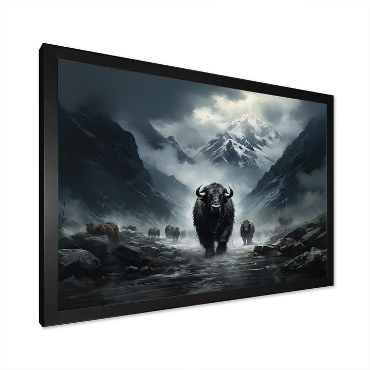 minimalism black Yaks panorama - Black Yaks Wall Art