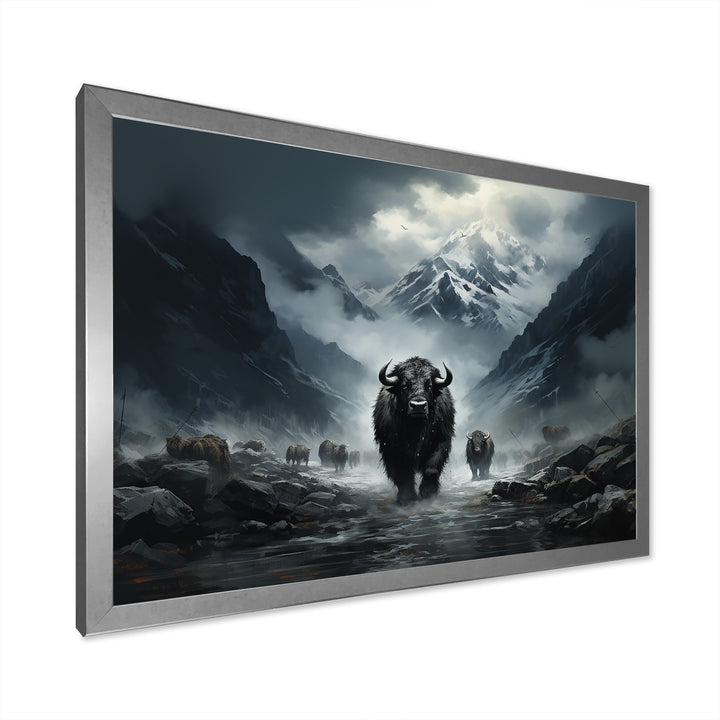 minimalism black Yaks panorama - Black Yaks Wall Art