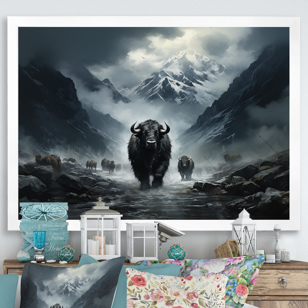 minimalism black Yaks panorama - Black Yaks Wall Art