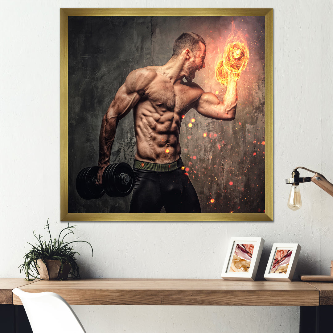 Bodybuilder S Dumbbell On Fire Photo - Aerobic &amp; Bodybuilding Canvas Wall Art
