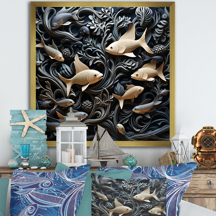 fish in the Sea collage in black - Fish Wall Art Prints