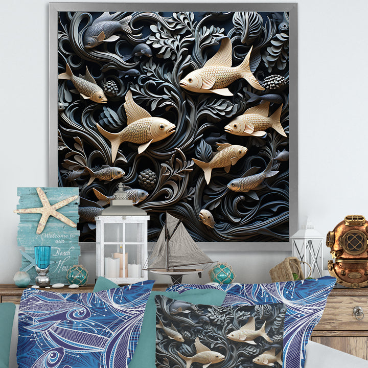 fish in the Sea collage in black - Fish Wall Art Prints