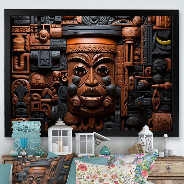Brown and black African Kuba Patterns Mask - People Canvas Wall Art