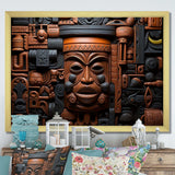 Brown and black African Kuba Patterns Mask - People Canvas Wall Art