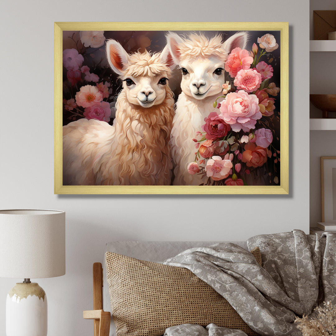 Fluffy Alpacas Floral Portrait - Alpaca Canvas Wall Art