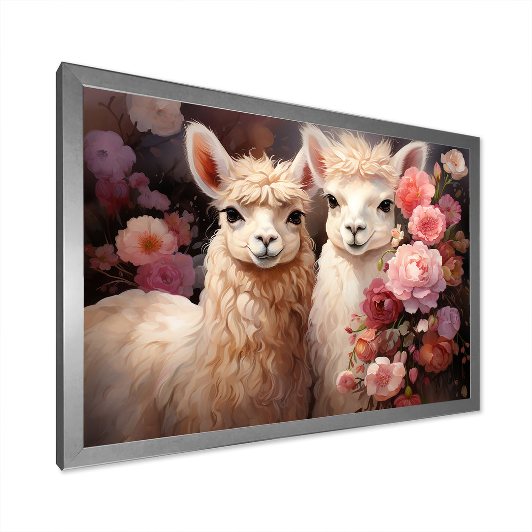 Fluffy Alpacas Floral Portrait - Alpaca Canvas Wall Art