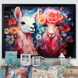 Pink fluffy Alpacas Floral Portrait - Alpaca Wall Decor