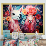 Pink fluffy Alpacas Floral Portrait - Alpaca Wall Decor