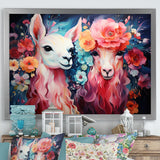 Pink fluffy Alpacas Floral Portrait - Alpaca Wall Decor