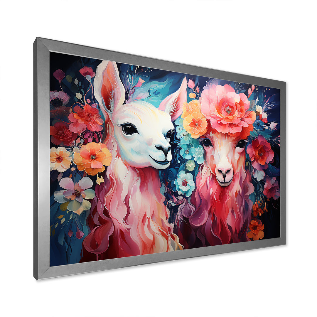Pink fluffy Alpacas Floral Portrait - Alpaca Wall Decor