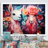 Pink fluffy Alpacas Floral Portrait - Alpaca Wall Decor