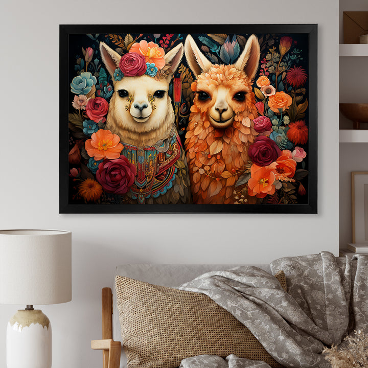 Orange fluffy Alpacas Floral Portrait - Alpaca Wall Art Prints