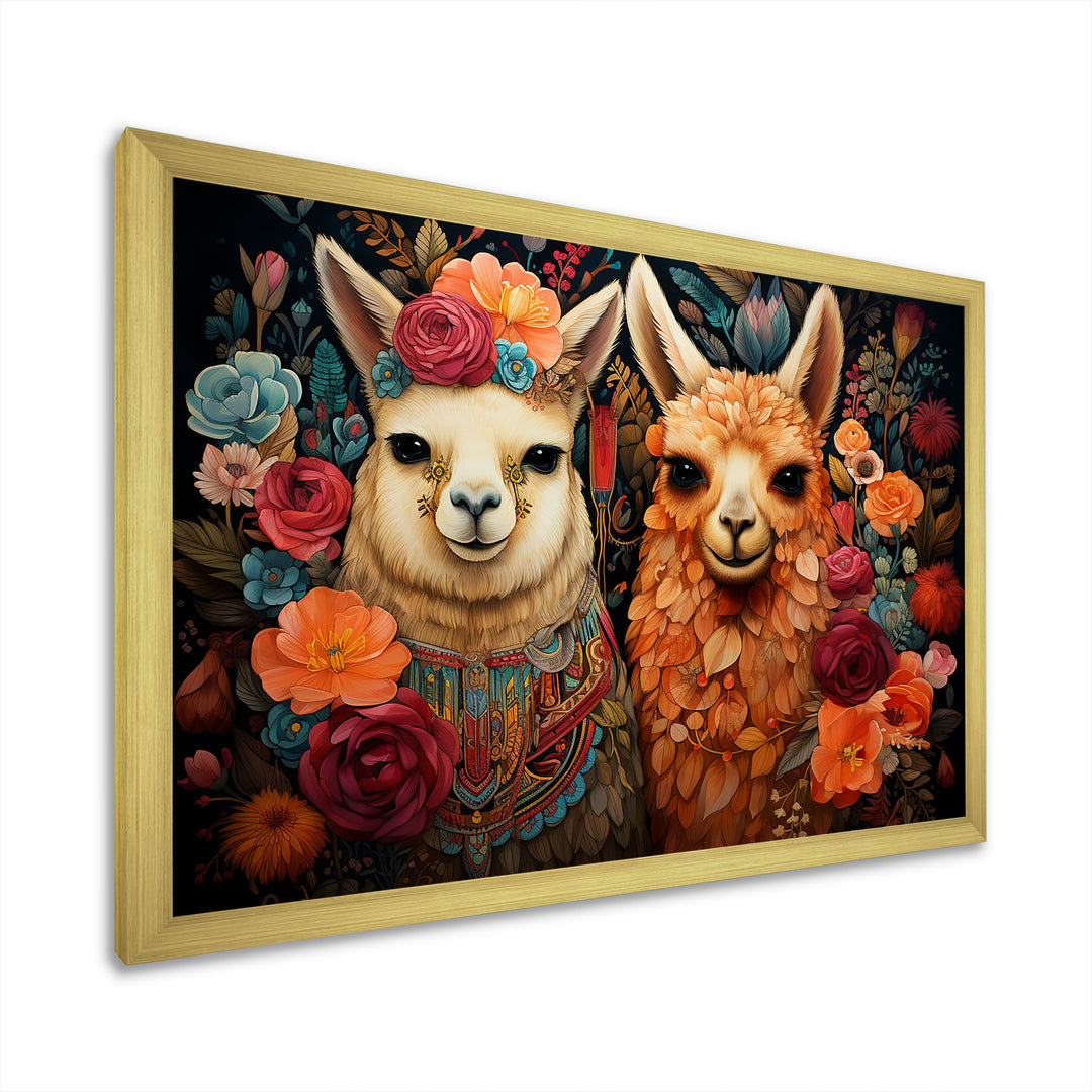 Orange fluffy Alpacas Floral Portrait - Alpaca Wall Art Prints