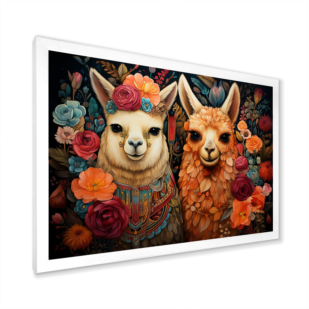 Orange fluffy Alpacas Floral Portrait - Alpaca Wall Art Prints