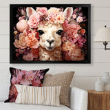 Pink flower crown Alpaca Portrait - Alpaca Large Canvas Wall Art
