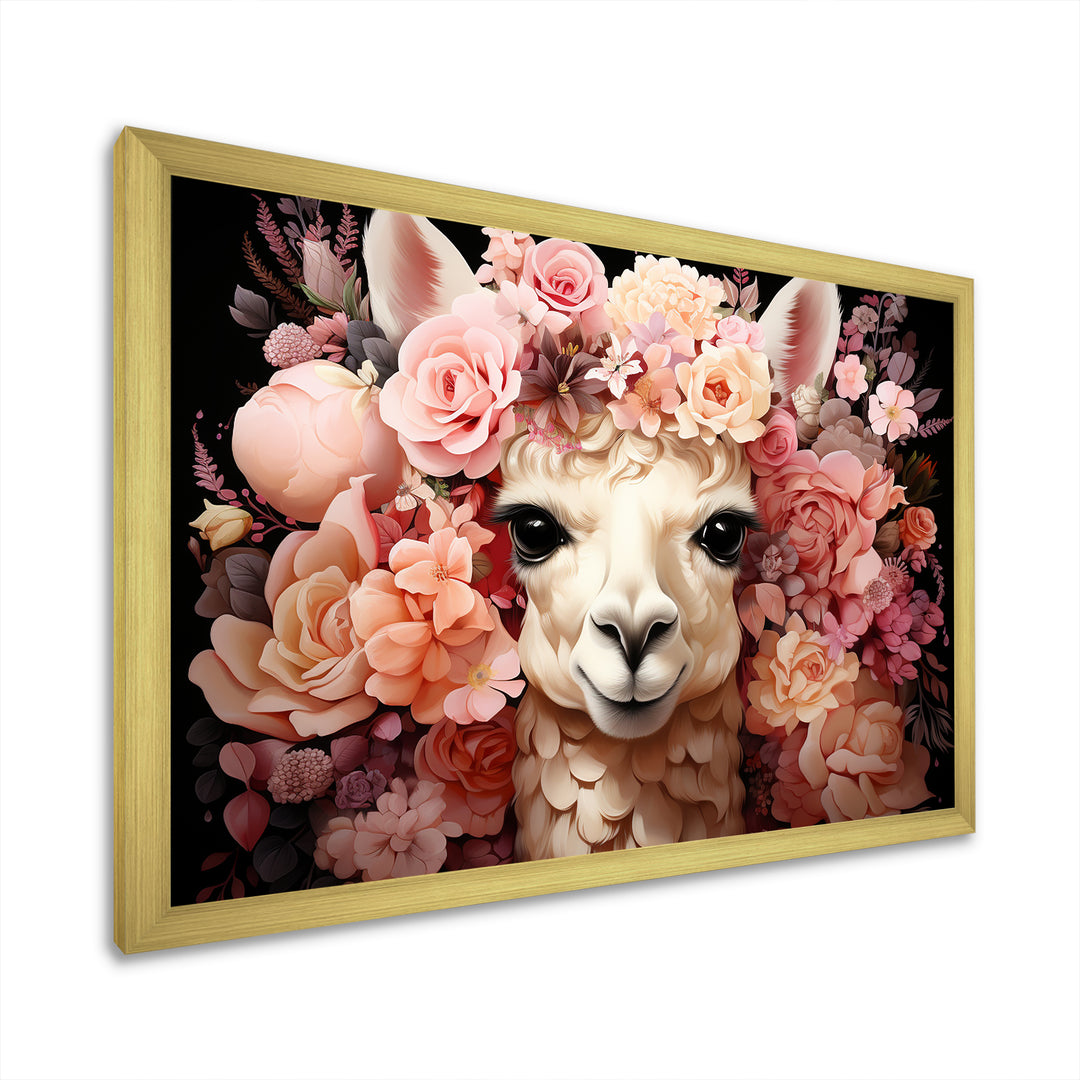Pink flower crown Alpaca Portrait - Alpaca Large Canvas Wall Art