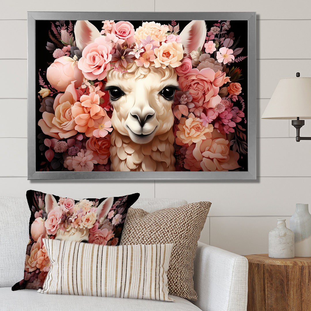 Pink flower crown Alpaca Portrait - Alpaca Large Canvas Wall Art