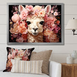 Pink flower crown Alpaca Portrait - Alpaca Large Canvas Wall Art