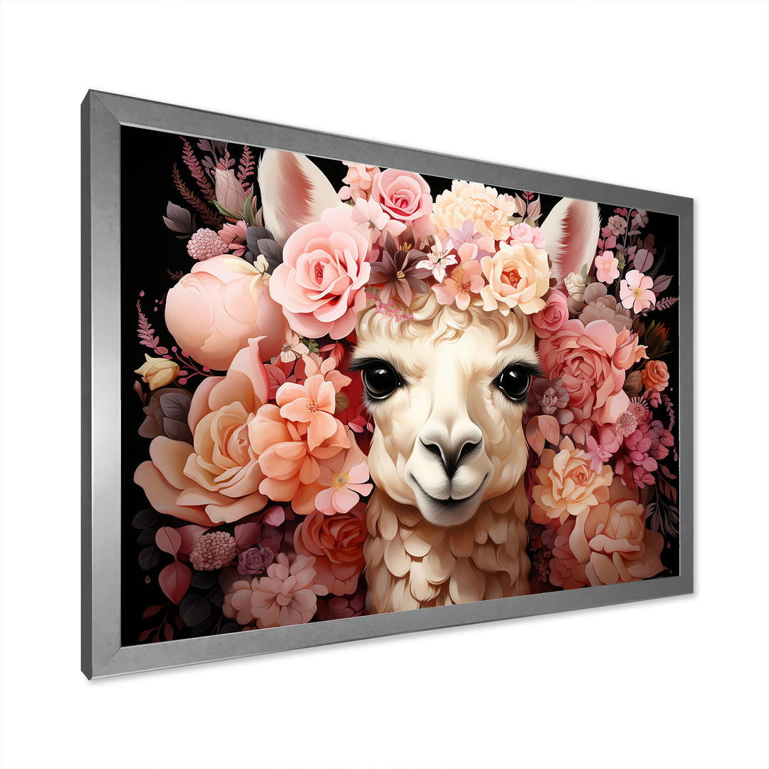 Pink flower crown Alpaca Portrait - Alpaca Large Canvas Wall Art