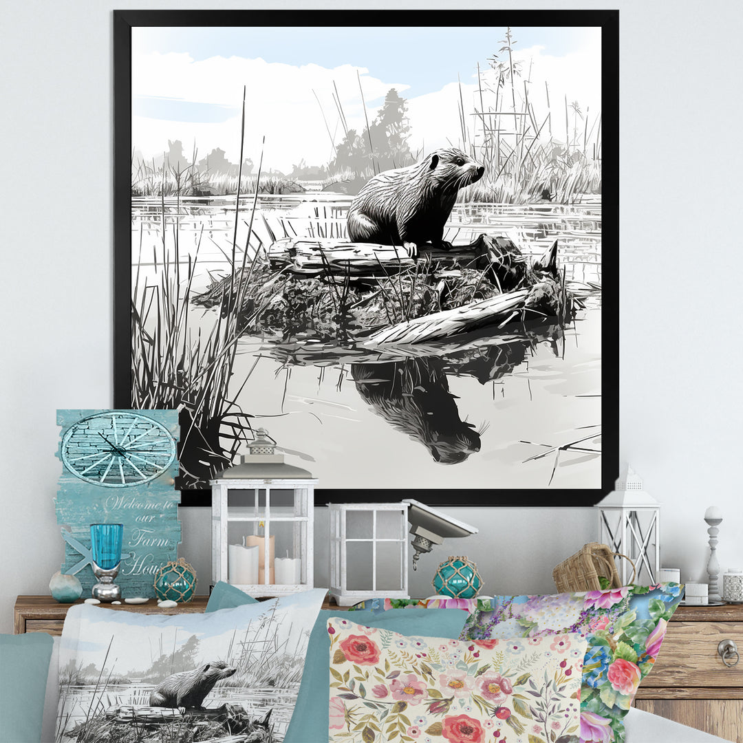 Grey Beaver lake bliss - Nursery Teddy Bear Framed Canvas Art