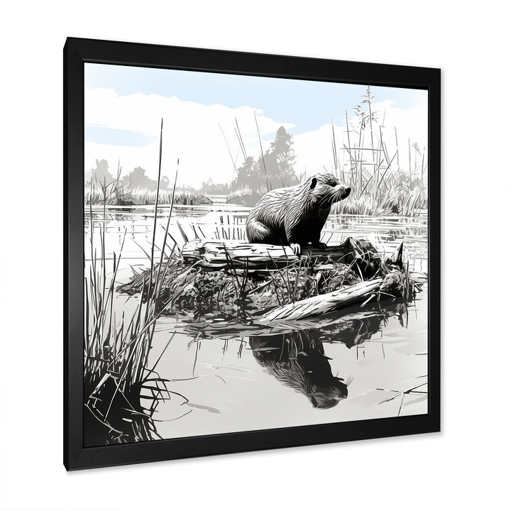 Grey Beaver lake bliss - Nursery Teddy Bear Framed Canvas Art