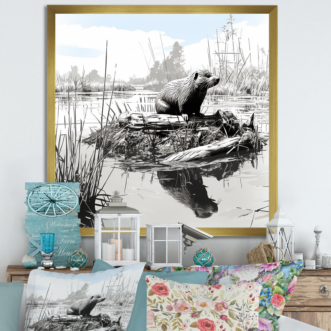 Grey Beaver lake bliss - Nursery Teddy Bear Framed Canvas Art