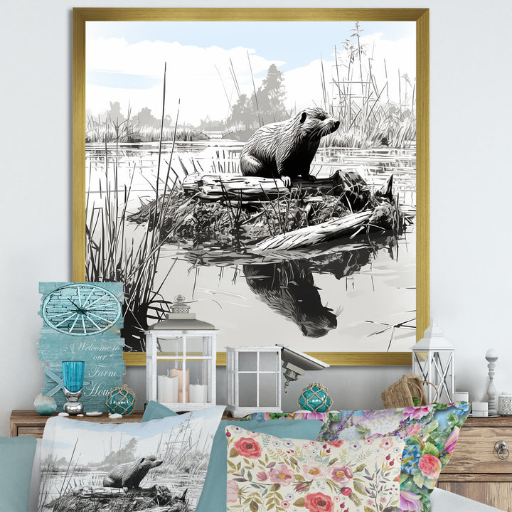 Grey Beaver lake bliss - Nursery Teddy Bear Framed Canvas Art