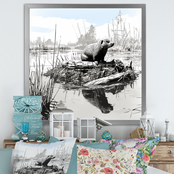 Grey Beaver lake bliss - Nursery Teddy Bear Framed Canvas Art