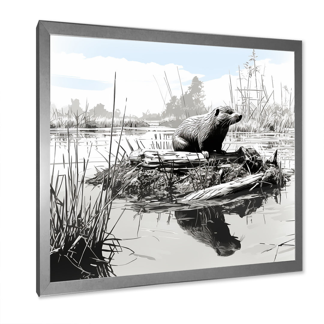 Grey Beaver lake bliss - Nursery Teddy Bear Framed Canvas Art
