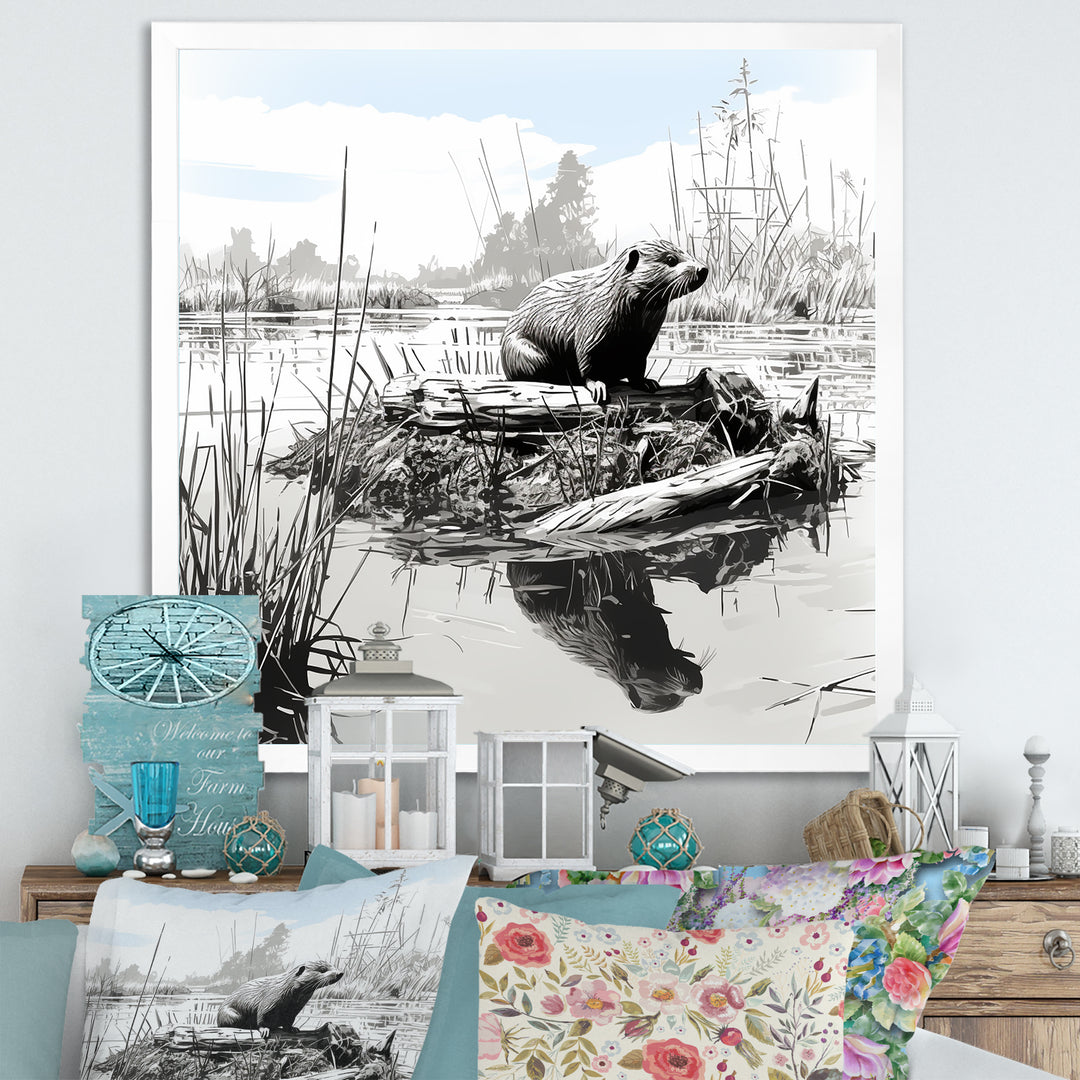 Grey Beaver lake bliss - Nursery Teddy Bear Framed Canvas Art