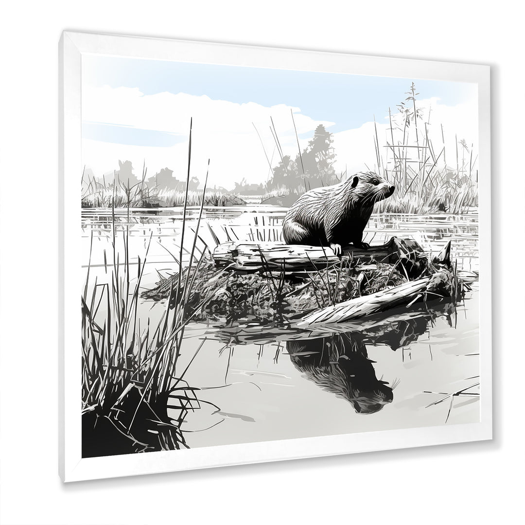 Grey Beaver lake bliss - Nursery Teddy Bear Framed Canvas Art