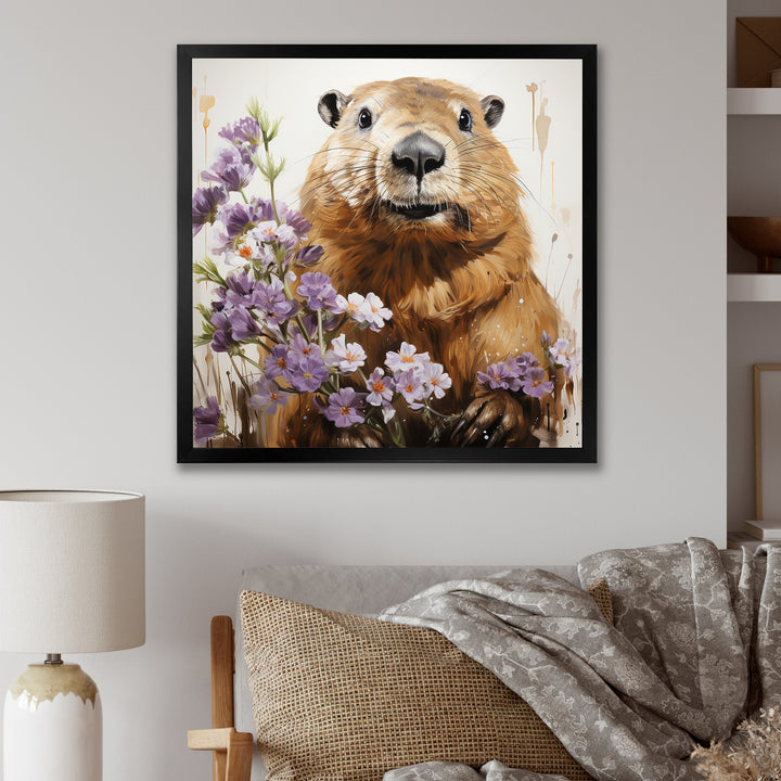 Brown Tranquil Wetland Beaver blooms - Nursery Teddy Bear Bedroom Wall Art