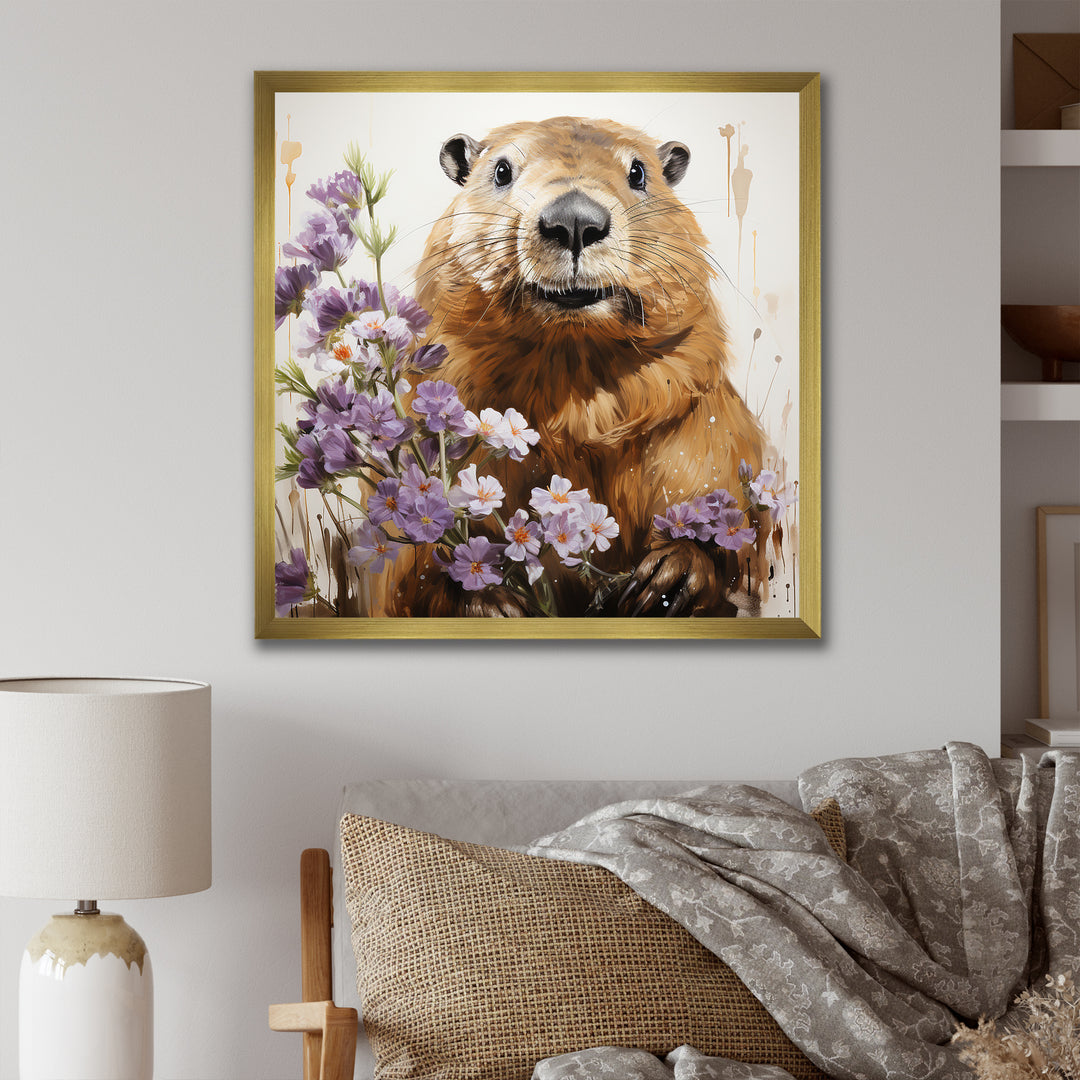 Brown Tranquil Wetland Beaver blooms - Nursery Teddy Bear Bedroom Wall Art