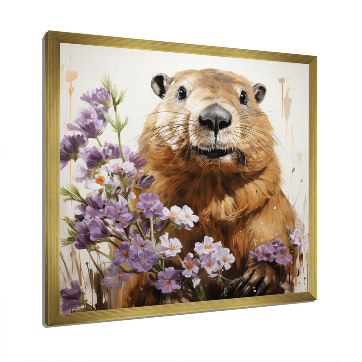 Brown Tranquil Wetland Beaver blooms - Nursery Teddy Bear Bedroom Wall Art