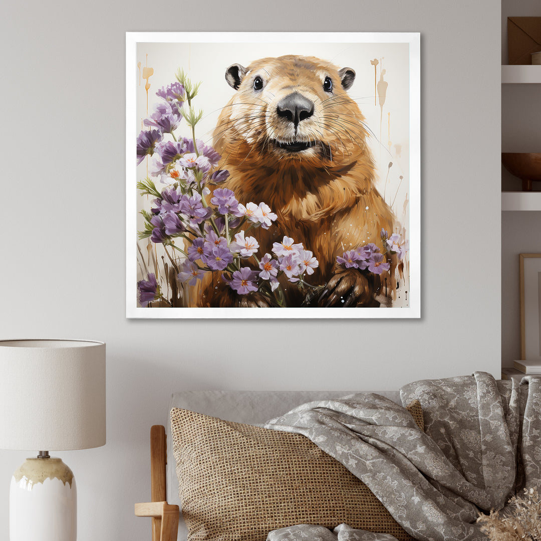 Brown Tranquil Wetland Beaver blooms - Nursery Teddy Bear Bedroom Wall Art