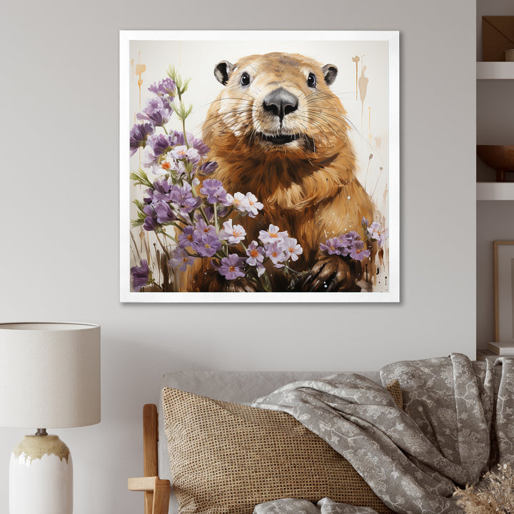 Brown Tranquil Wetland Beaver blooms - Nursery Teddy Bear Bedroom Wall Art